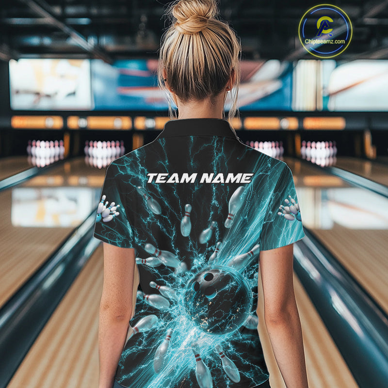 Custom Blue Thunder Lightning Bowling Team Women Polo Shirts, Bowling Jerseys IPHW9742
