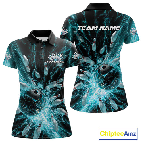 Custom Blue Thunder Lightning Bowling Team Women Polo Shirts, Bowling Jerseys IPHW9742