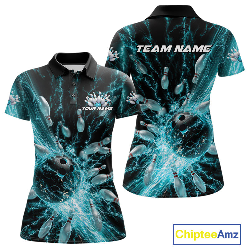 Custom Blue Thunder Lightning Bowling Team Women Polo Shirts, Bowling Jerseys IPHW9742
