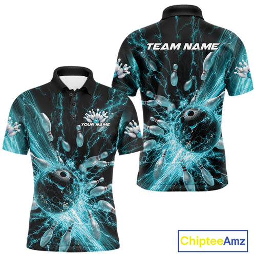 Custom Blue Thunder Lightning Bowling Team Men Polo Shirts, Bowling Jerseys IPHW9742