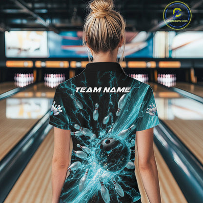 Custom Blue Thunder Lightning Bowling Team Women Quarter-Zip Shirts, Bowling Jerseys IPHW9742