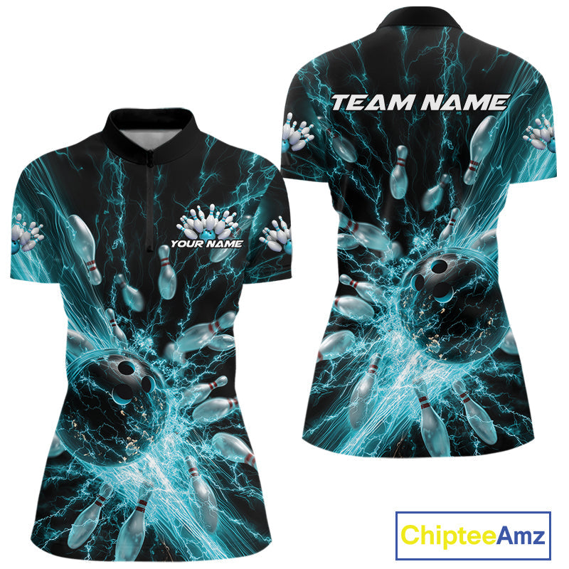 Custom Blue Thunder Lightning Bowling Team Women Quarter-Zip Shirts, Bowling Jerseys IPHW9742