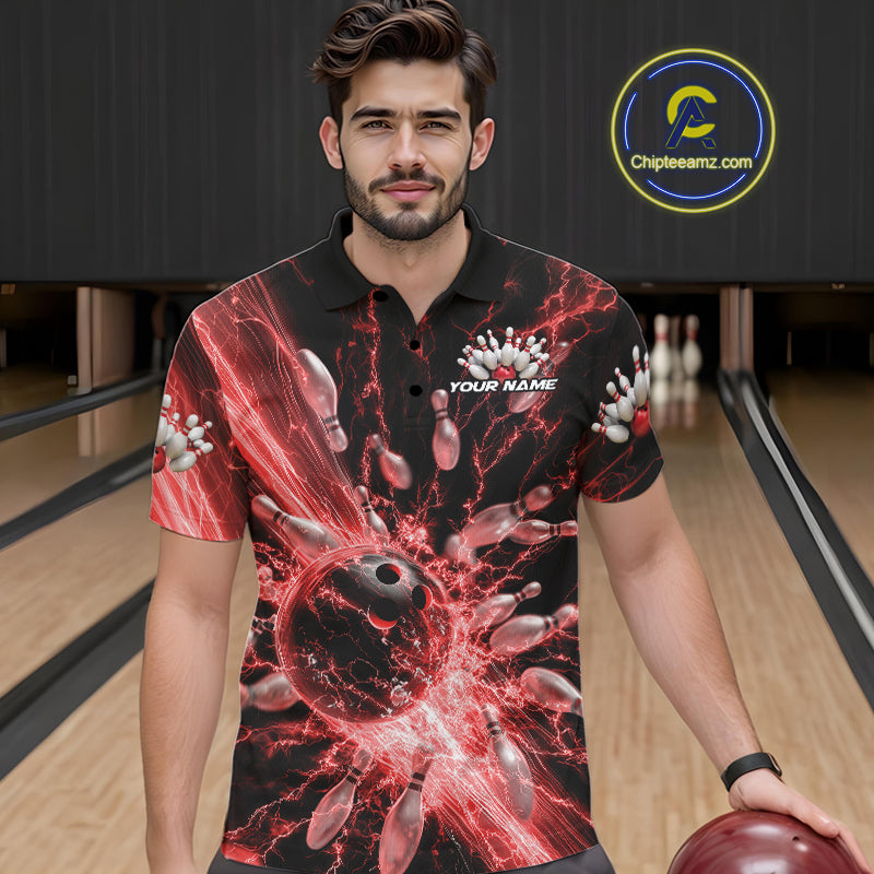 Custom Red Thunder Lightning Bowling Team Men Polo Shirts, Bowling Jerseys IPHW9743