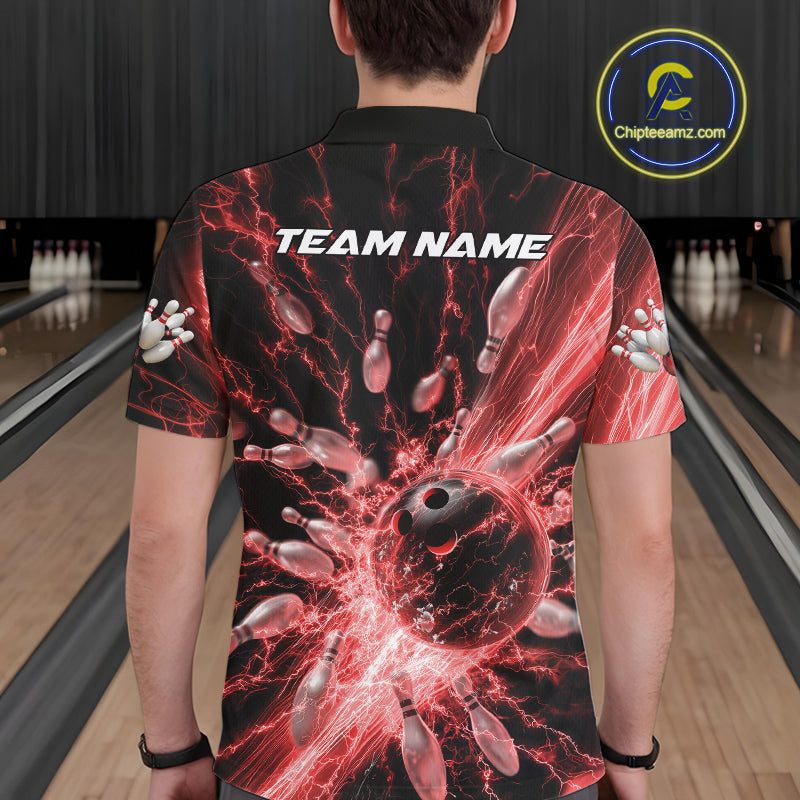 Custom Red Thunder Lightning Bowling Team Men Polo Shirts, Bowling Jerseys IPHW9743