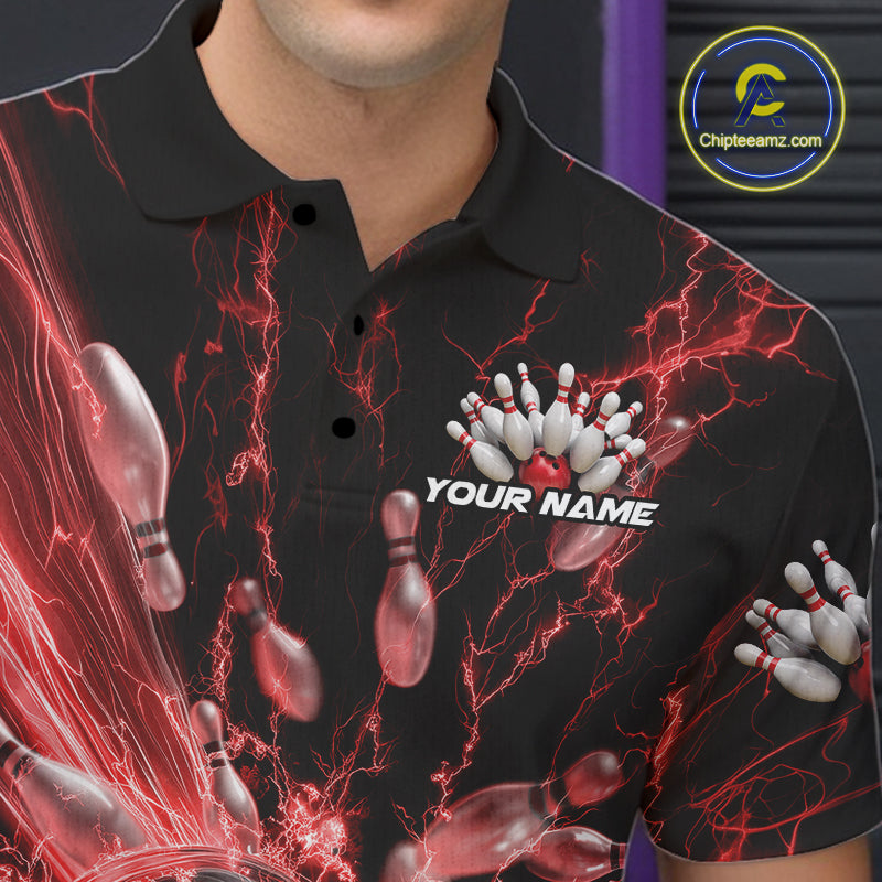 Custom Red Thunder Lightning Bowling Team Men Polo Shirts, Bowling Jerseys IPHW9743