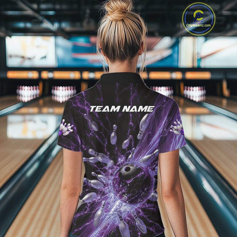 Custom Purple Thunder Lightning Bowling Team Women Polo Shirts, Bowling Jerseys IPHW9744