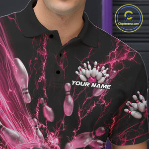 Custom Pink Thunder Lightning Bowling Team Men Polo Shirts, Bowling Jerseys IPHW9745