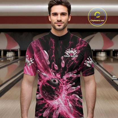 Custom Pink Thunder Lightning Bowling Team Men Quarter-Zip Shirts, Bowling Jerseys IPHW9745