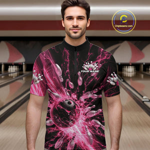 Custom Pink Thunder Lightning Bowling Team Men Quarter-Zip Shirts, Bowling Jerseys IPHW9745