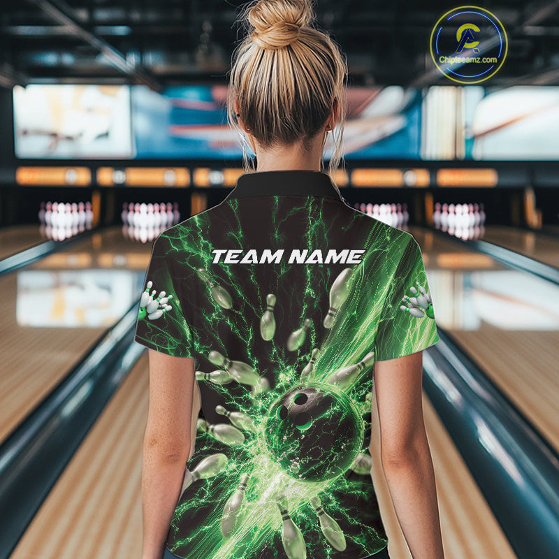 Custom Green Thunder Lightning Bowling Team Women Polo Shirts, Bowling Jerseys IPHW9746