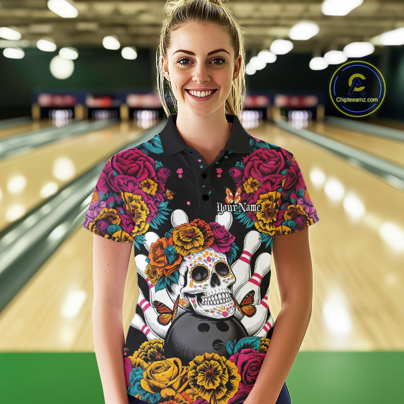 Custom Flower Sugar Skull Bowling Team Polo Shirts For Women, Halloween Bowler Outfit IPHW9749