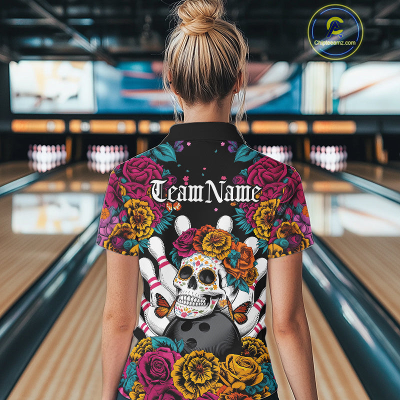 Custom Flower Sugar Skull Bowling Team Polo Shirts For Women, Halloween Bowler Outfit IPHW9749