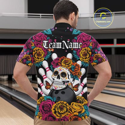 Custom Flower Sugar Skull Bowling Team Quarter-Zip Shirts For Men, Halloween Bowler Outfit IPHW9749