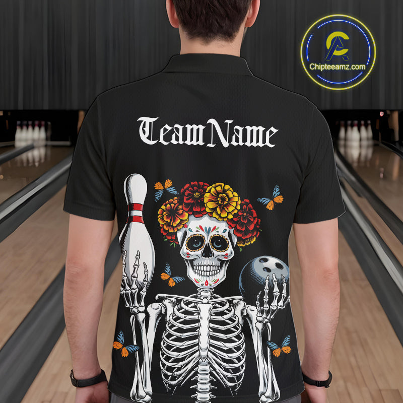 Custom Sugar Skull Bowling Team Men Polo Shirts, Funny Halloween Bowling Outfit IPHW9752