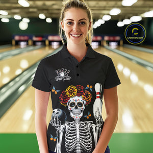 Custom Sugar Skull Bowling Team Women Polo Shirts, Funny Halloween Bowling Outfit IPHW9752