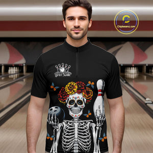 Custom Sugar Skull Bowling Team Men Quarter-Zip Shirts, Funny Halloween Bowling Outfit IPHW9752