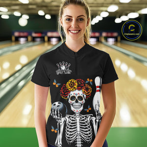 Custom Sugar Skull Bowling Team Women Quarter-Zip Shirts, Funny Halloween Bowling Outfit IPHW9752
