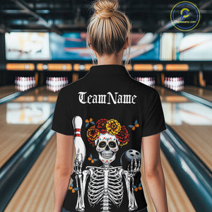 Custom Sugar Skull Bowling Team Women Quarter-Zip Shirts, Funny Halloween Bowling Outfit IPHW9752