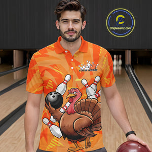 Custom Funny Thanksgiving Turkey Bowling Men Polo Shirts, Bowling League Shirt IPHW9769