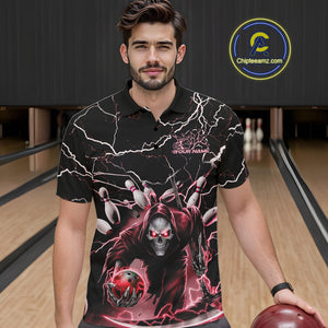 Custom Black And Red Lightning Grim Reaper Bowling Men Polo Shirt, Halloween Outfit IPHW9802