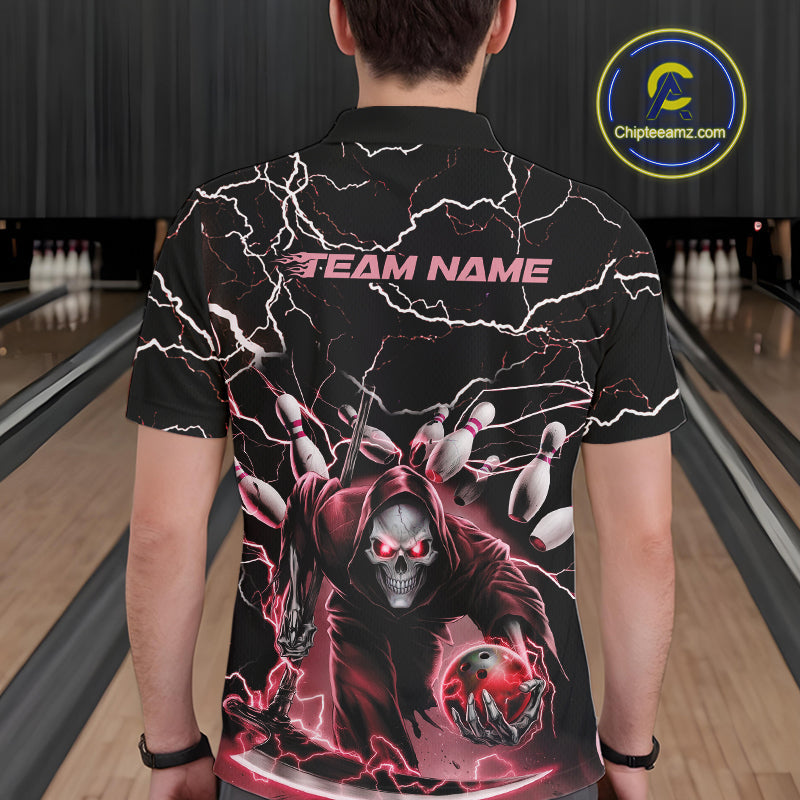 Custom Black And Red Lightning Grim Reaper Bowling Men Polo Shirt, Halloween Outfit IPHW9802