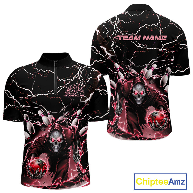 Custom Black And Red Lightning Grim Reaper Bowling Men Quarter-Zip Shirt, Halloween Outfit IPHW9802