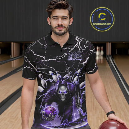 Custom Black And Purple Lightning Grim Reaper Bowling Men Polo Shirt, Halloween Outfit IPHW9803