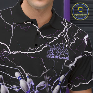 Custom Black And Purple Lightning Grim Reaper Bowling Men Polo Shirt, Halloween Outfit IPHW9803