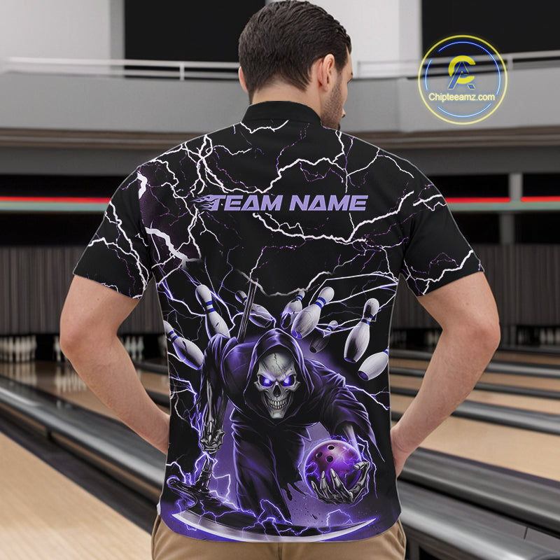 Custom Black And Purple Lightning Grim Reaper Bowling Men Quarter-Zip Shirt, Halloween Outfit IPHW9803