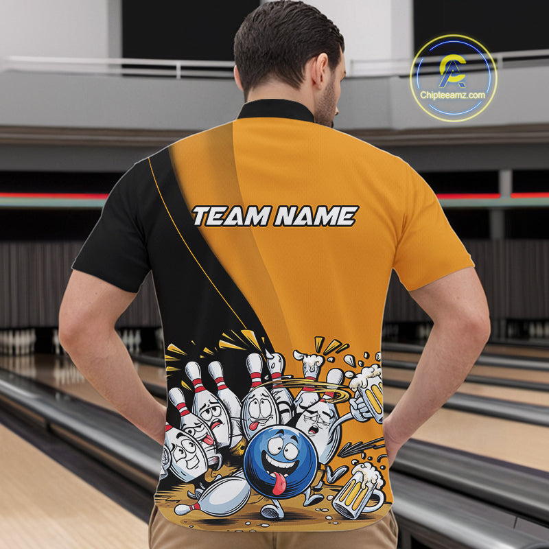 Custom Yellow Funny Bowling Men Quarter-Zip Shirts, Bowling And Beer Party Bowlers Outfit IPHW9610