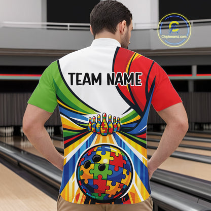 At Bowling Alley Front View Male Model In Quarter-Zip Shirt Showcasing Autism-Themed Bowling Lane Graphic With Colorful Puzzle Visual Accents
