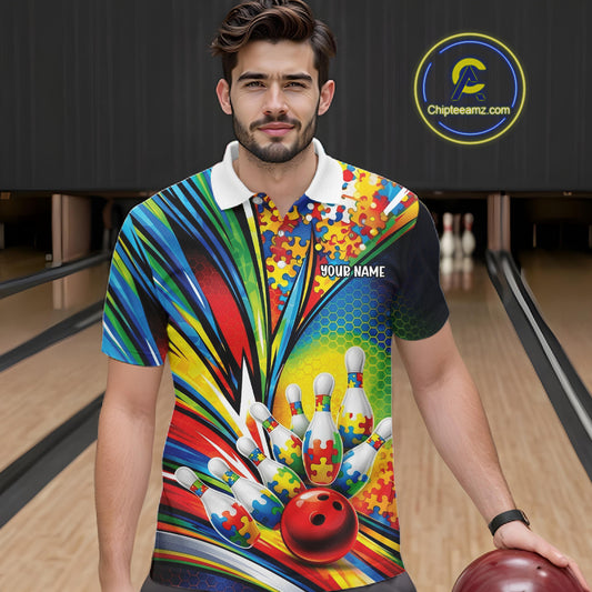 Male model in a bowling lane wearing a white polo shirt, front view highlighting autism bowling strike illustration with puzzle-inspired design