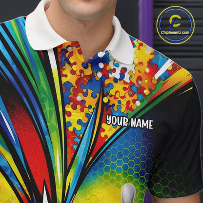 Close-up left chest detail of white bowling polo shirt showcasing autism bowling strike emblem with vibrant puzzle-themed graphics