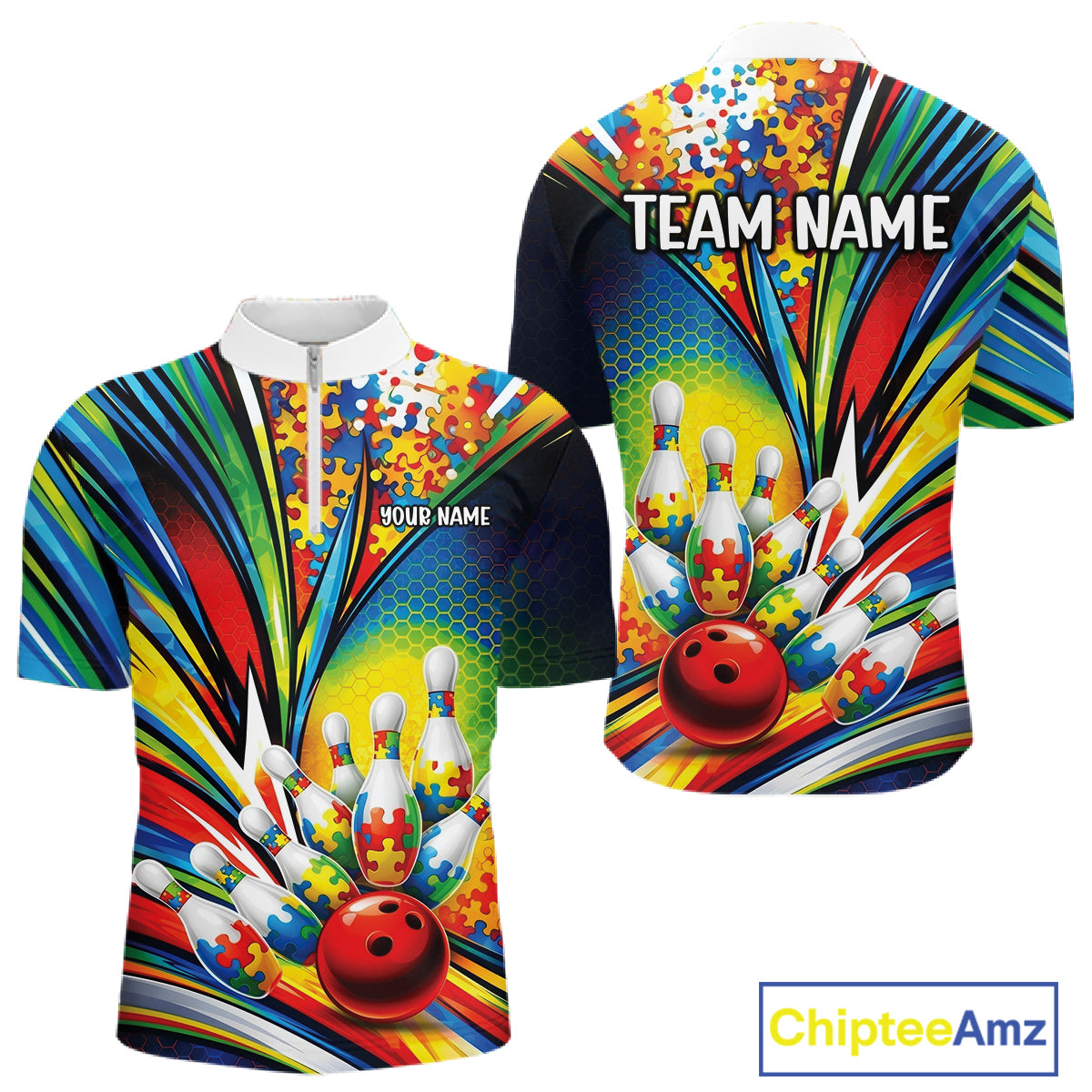 Front And Back View Of Mens Bowling Quarter-Zip Mockup Highlighting Autism Bowling Strike Illustration With Colorful Puzzle Pattern Graphics