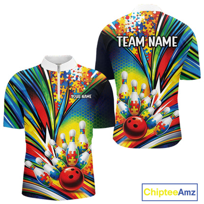 Front And Back View Of Mens Bowling Quarter-Zip Mockup Highlighting Autism Bowling Strike Illustration With Colorful Puzzle Pattern Graphics