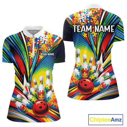 Front and back view of a women’s quarter-zip bowling shirt mockup featuring colorful autism-themed bowling strikes and puzzle graphics.