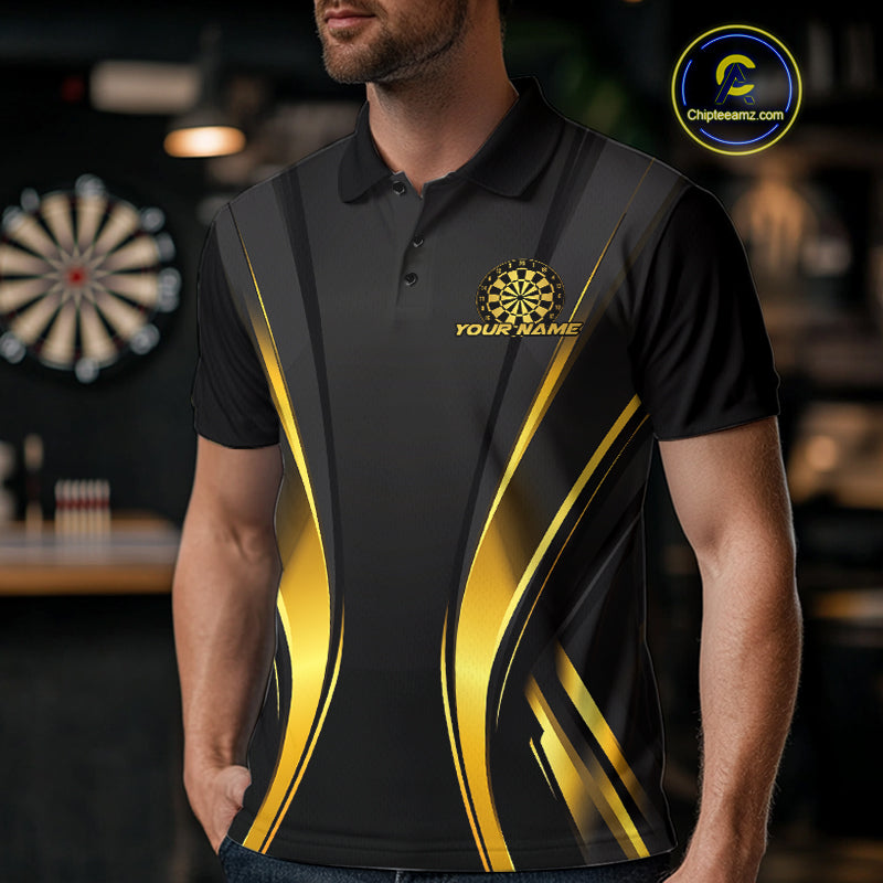 Custom Black And Gold Dartboard Dart Team Men Polo Shirt, Golden Dart Outfits IPHW9979