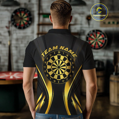 Custom Black And Gold Dartboard Dart Team Men Polo Shirt, Golden Dart Outfits IPHW9979