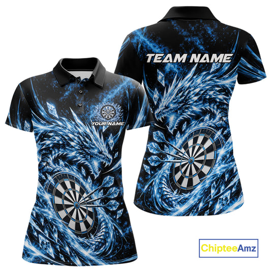 Custom Icy Blue Cyrstal Ice Dragon Dart Team Polo Shirt For Women, Dart Player Jersey IPHW12455