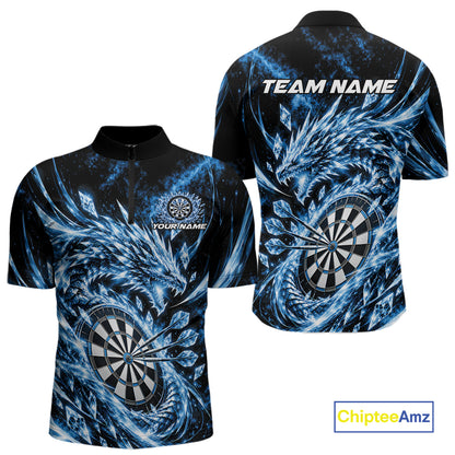 Custom Icy Blue Cyrstal Ice Dragon Dart Team Quarter Zip Shirt For Men, Dart Player Jersey IPHW12455