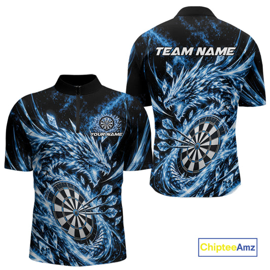 Custom Icy Blue Cyrstal Ice Dragon Dart Team Quarter Zip Shirt For Men, Dart Player Jersey IPHW12455