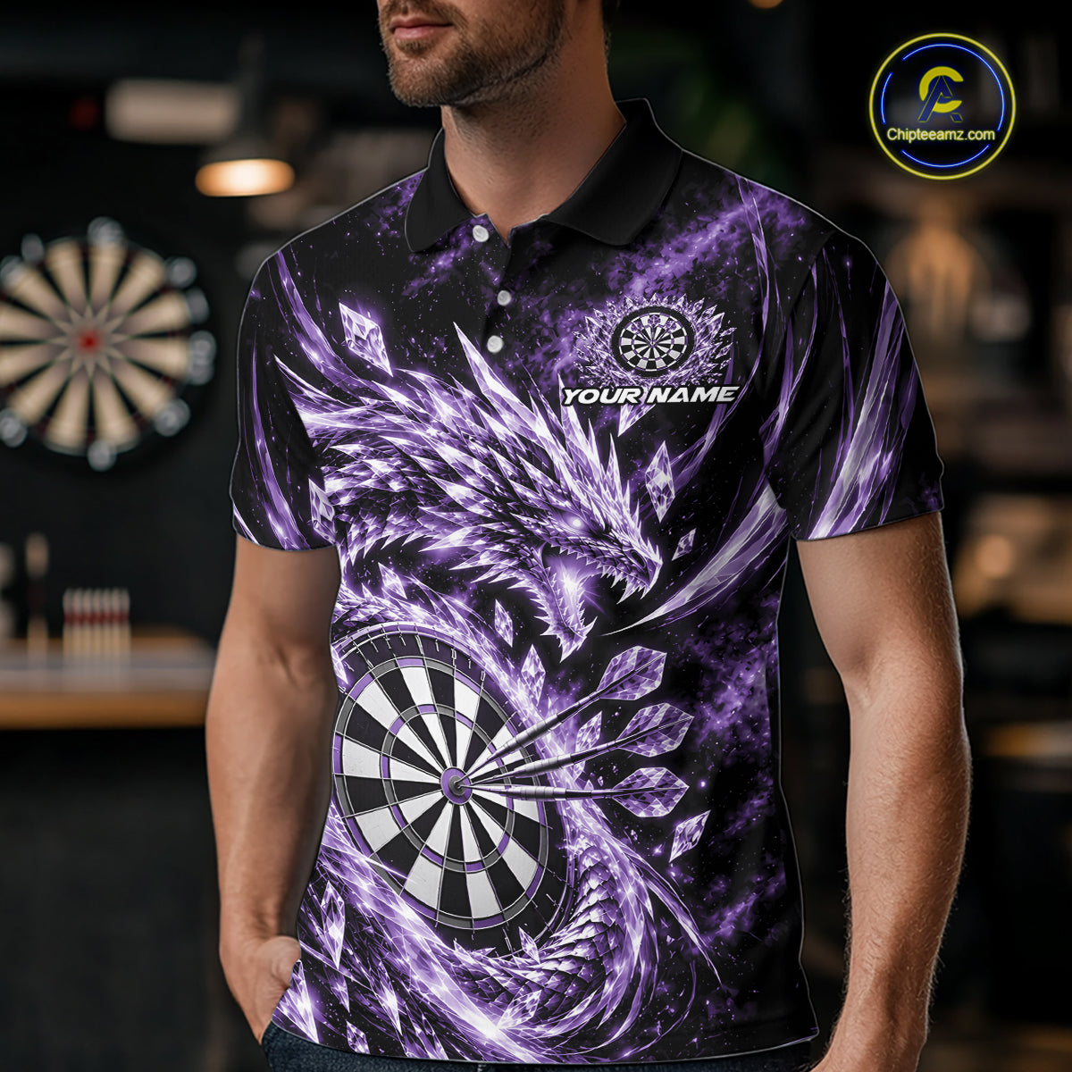 Custom Icy Purple Cyrstal Ice Dragon Dart Team Polo Shirt For Men, Dart Player Jersey IPHW12456