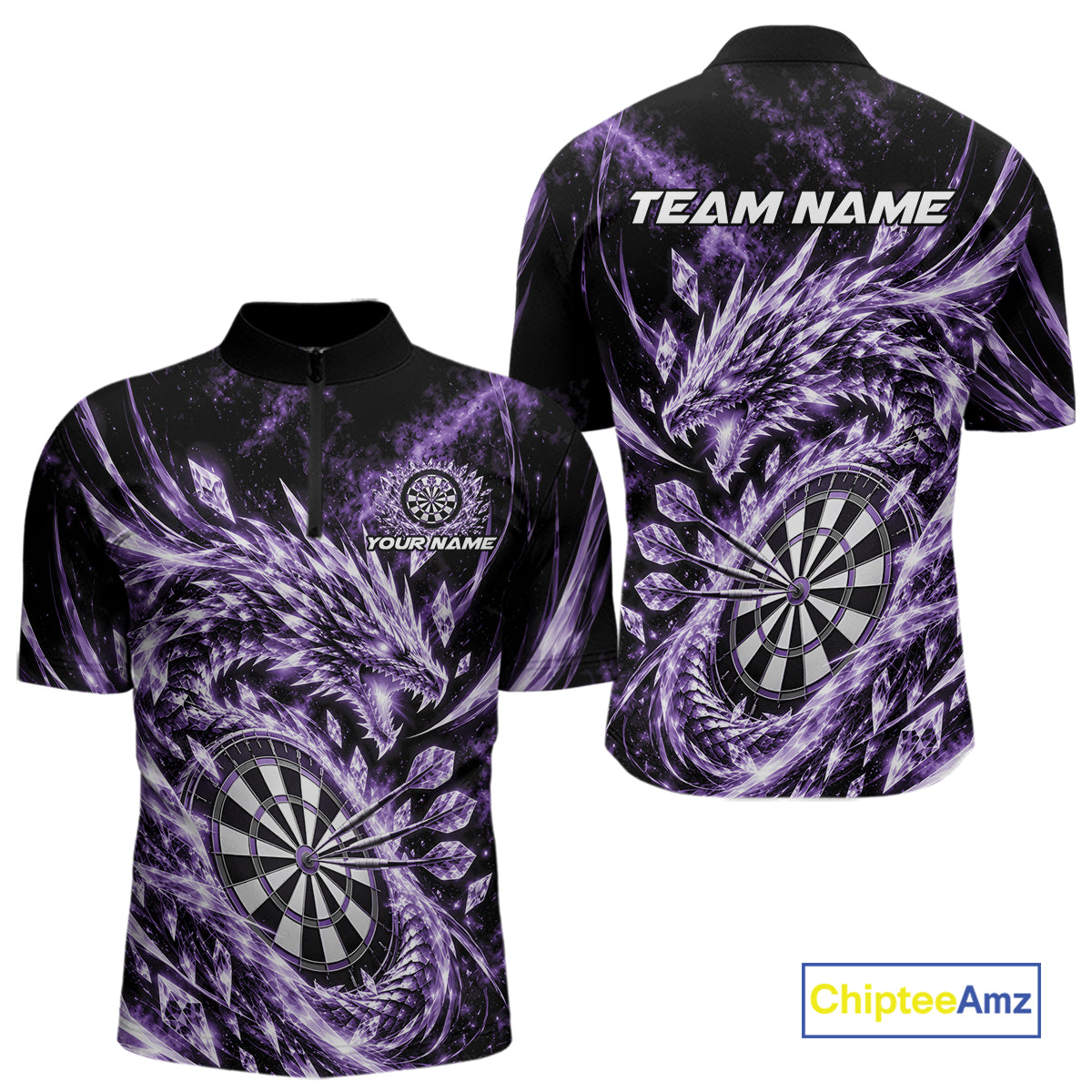 Custom Icy Purple Cyrstal Ice Dragon Dart Team Quarter Zip Shirt For Men, Dart Player Jersey IPHW12456