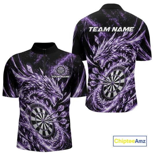 Custom Icy Purple Cyrstal Ice Dragon Dart Team Quarter Zip Shirt For Men, Dart Player Jersey IPHW12456