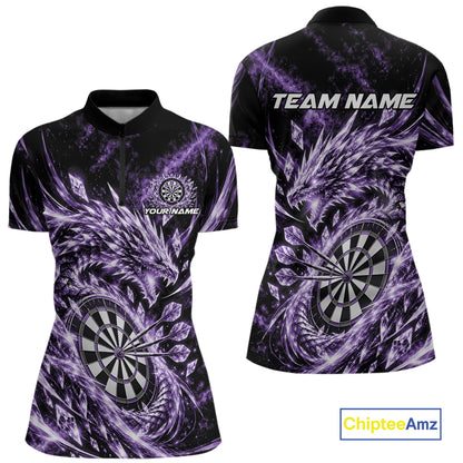 Custom Icy Purple Cyrstal Ice Dragon Dart Team Quarter-Zip Shirt For Women, Dart Jersey IPHW12456