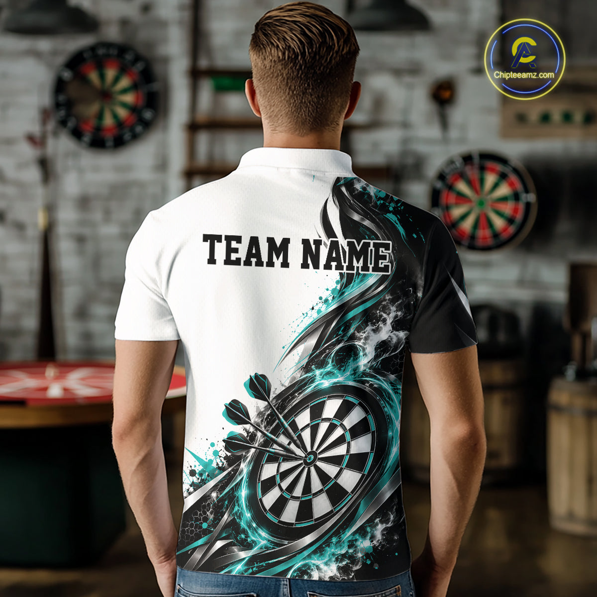 Custom Teal Blue Smoke Dart Polo Shirt For Men, Dart Team Jersey Dart League Shirt IPHW12467