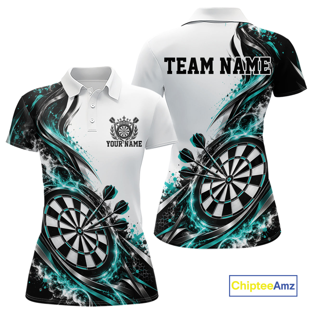 Custom Teal Blue Smoke Dart Polo Shirt For Women, Dart Team Jersey Dart League Shirt IPHW12467
