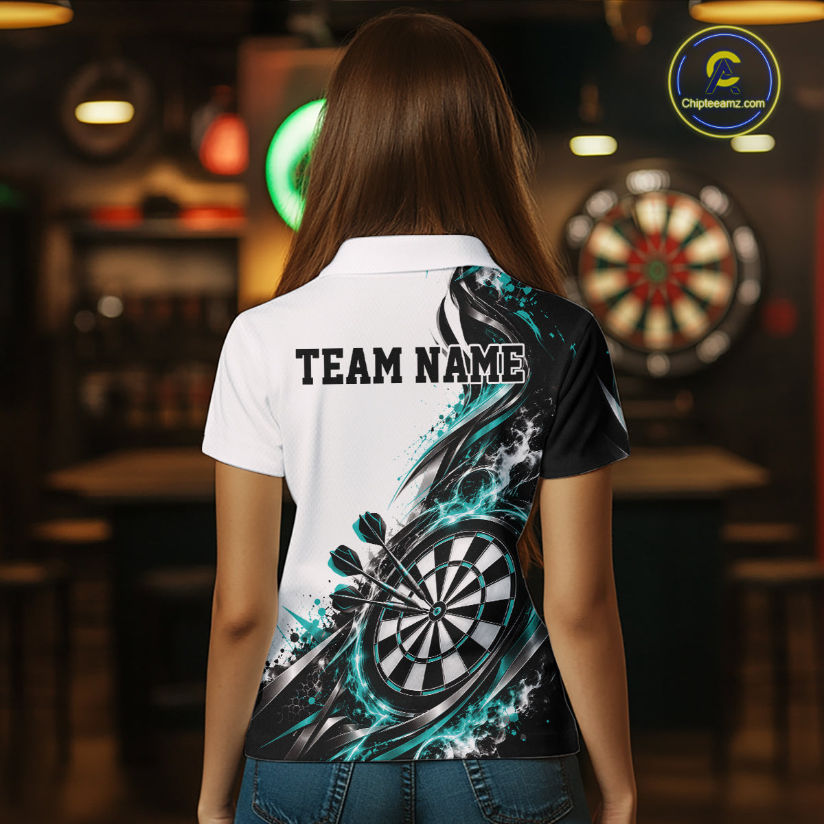 Custom Teal Blue Smoke Dart Polo Shirt For Women, Dart Team Jersey Dart League Shirt IPHW12467