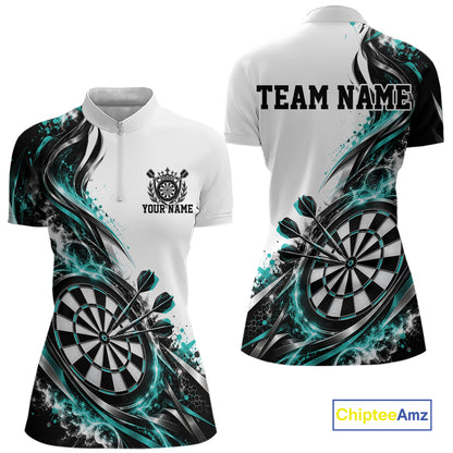Custom Teal Blue Smoke Dart Quarter-Zip Shirt For Women, Team Jersey Dart League Shirt IPHW12467