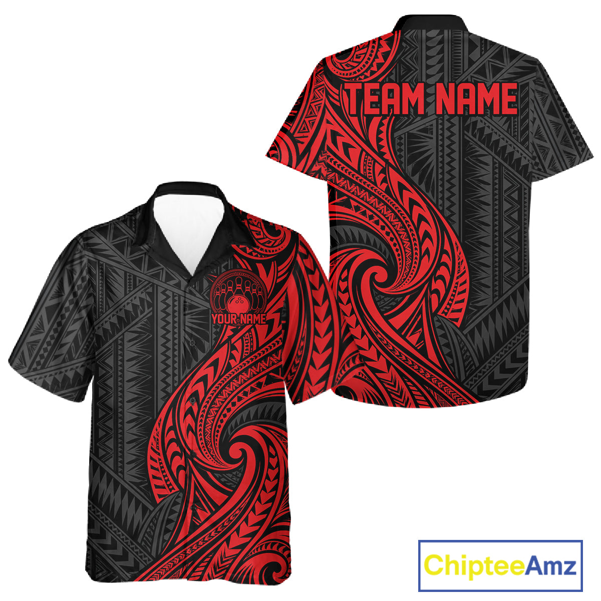 Custom Black And Red Tribal Bowling Men And Women Button Up Shirt, Bowling Team League Shirt IPHW12485